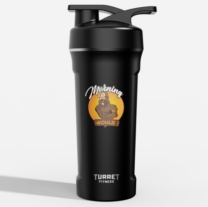 morning would orange on black turret fitness shaker bottle