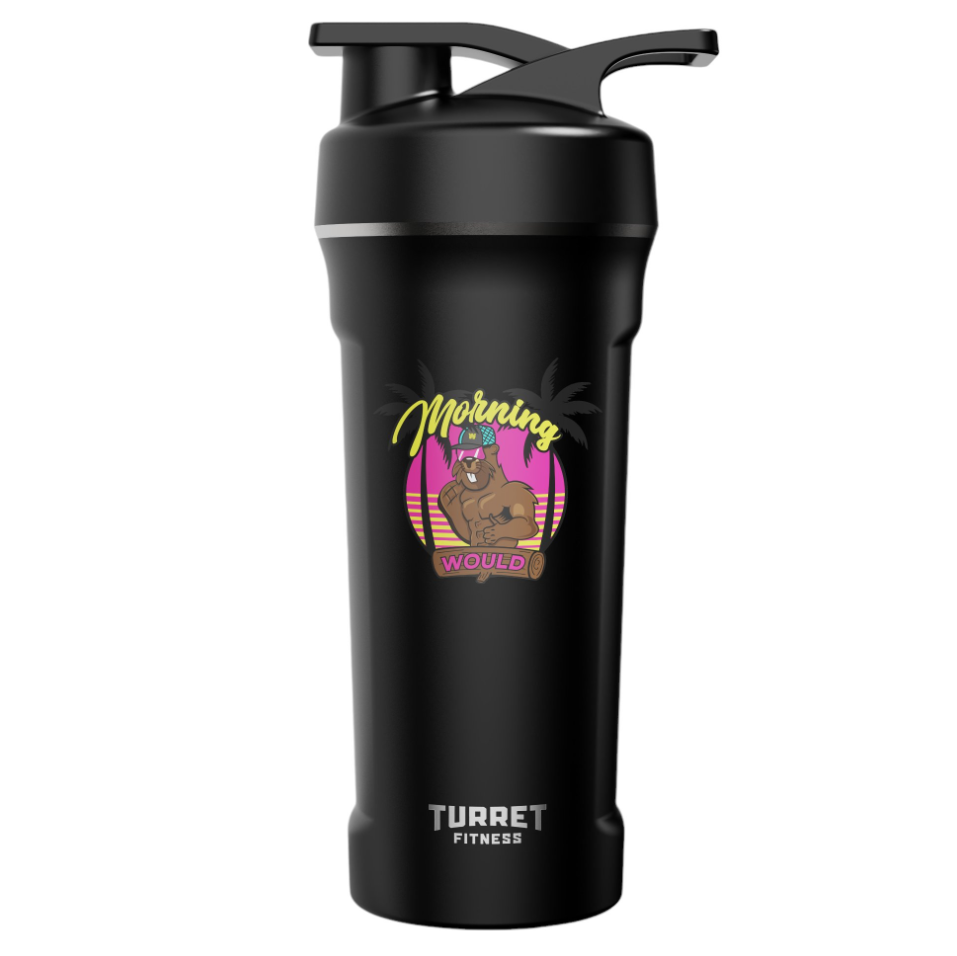 morning would logo yellow morning pink would woody on turret fitness bottle